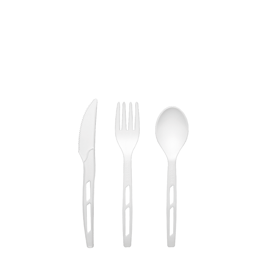The compostable cutlery is plastic-free and made of PLA material, which is sustainable and fully renewable.